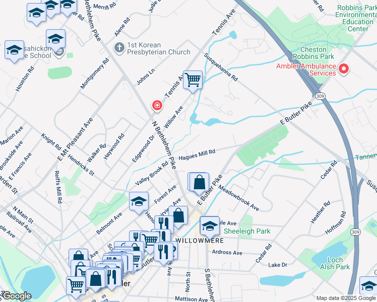 map of restaurants, bars, coffee shops, grocery stores, and more near 1111 Hagues Mill Road in Ambler