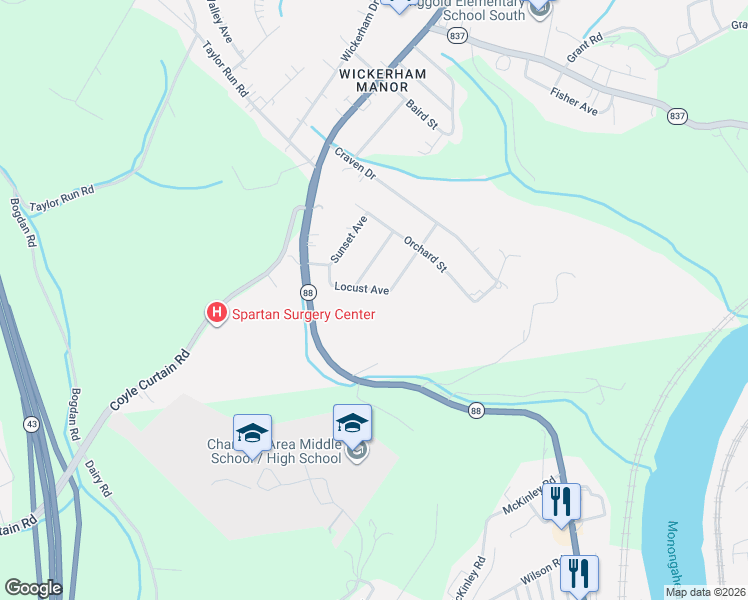 map of restaurants, bars, coffee shops, grocery stores, and more near 43 Locust Avenue in Charleroi