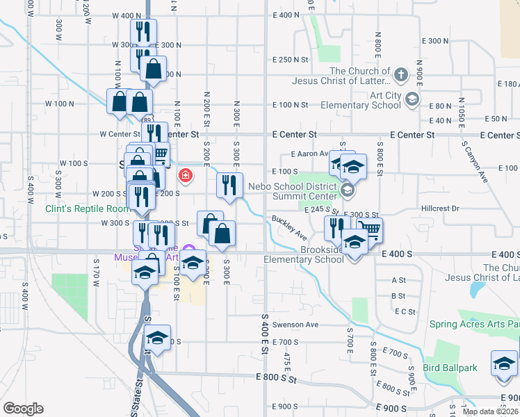 map of restaurants, bars, coffee shops, grocery stores, and more near 244 South 400 East in Springville