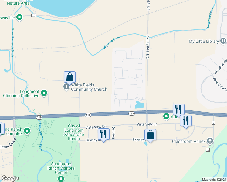 map of restaurants, bars, coffee shops, grocery stores, and more near 11177 Longview Boulevard in Longmont