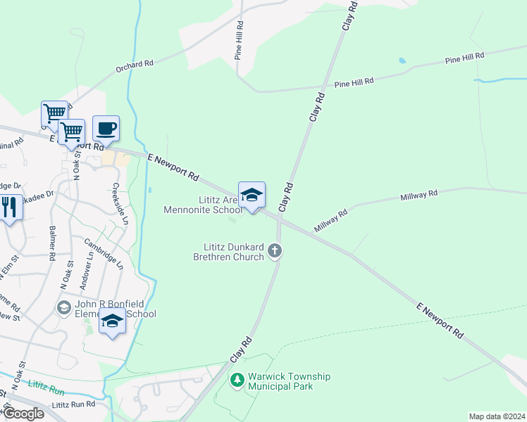 map of restaurants, bars, coffee shops, grocery stores, and more near 1050 East Newport Road in Lititz