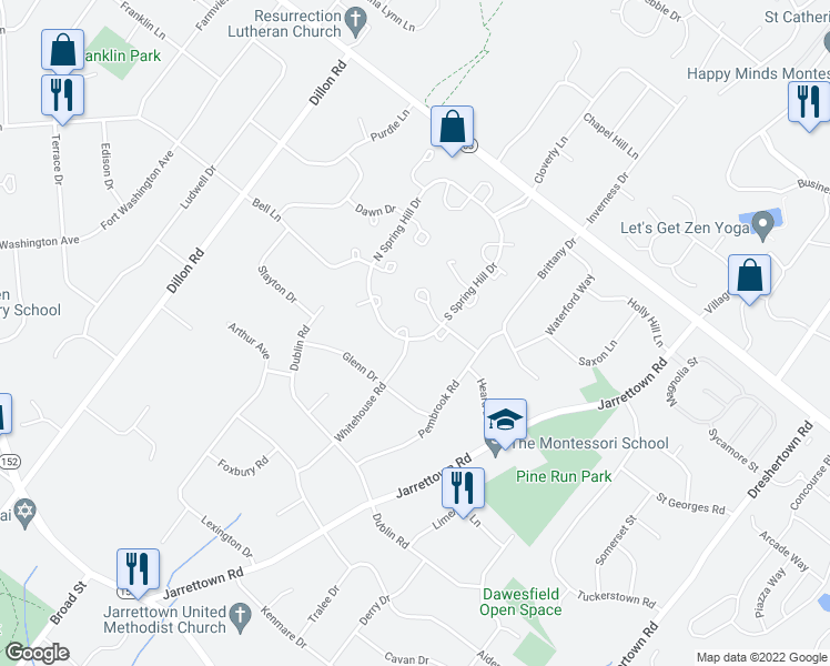 map of restaurants, bars, coffee shops, grocery stores, and more near 1703 Smedley Court in Ambler