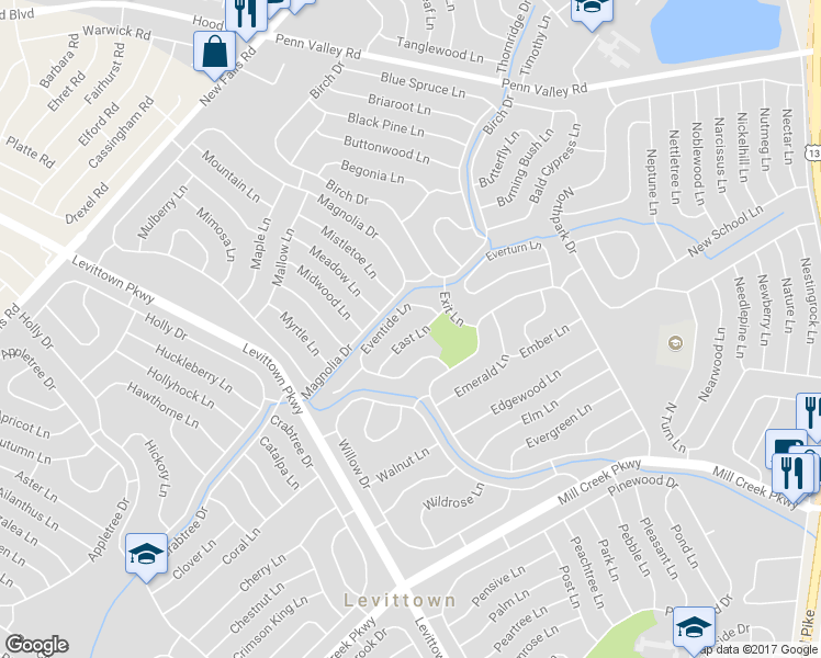 map of restaurants, bars, coffee shops, grocery stores, and more near 25 East Lane in Levittown