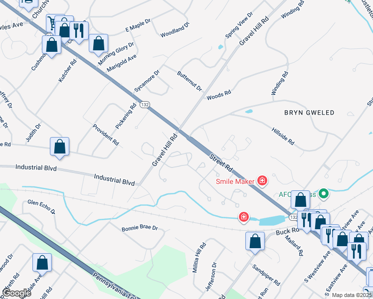 map of restaurants, bars, coffee shops, grocery stores, and more near 643 Croft Drive in Bucks County