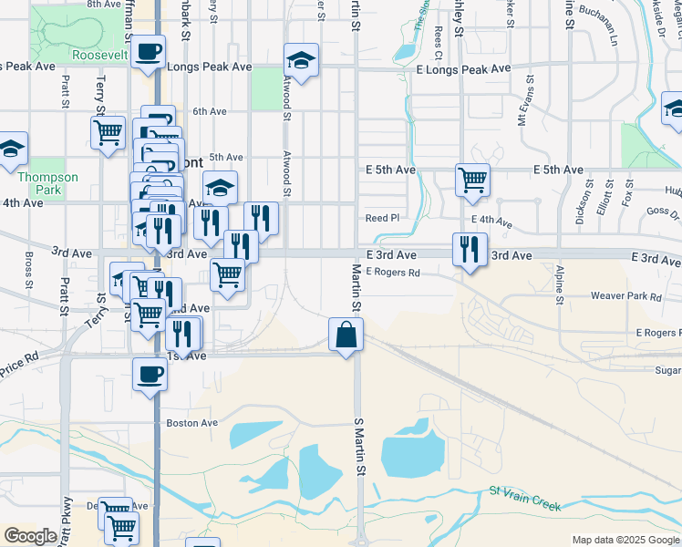 map of restaurants, bars, coffee shops, grocery stores, and more near 210 Baker Street in Longmont