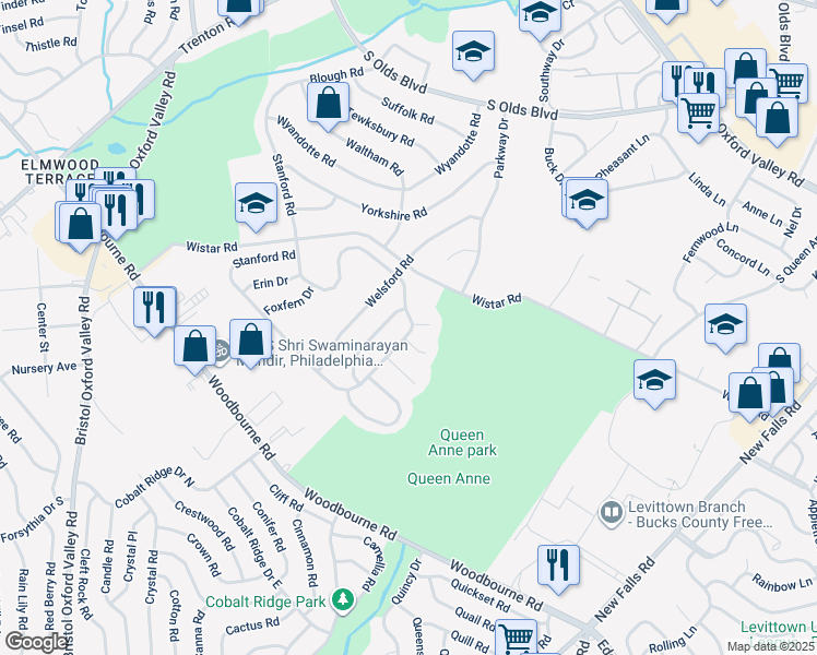 map of restaurants, bars, coffee shops, grocery stores, and more near 482 Stanford Road in Fairless Hills