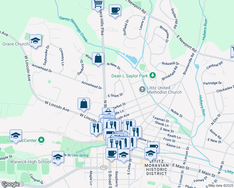 map of restaurants, bars, coffee shops, grocery stores, and more near 15 East Grant Street in Lititz