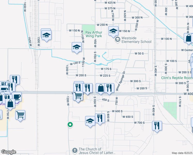 map of restaurants, bars, coffee shops, grocery stores, and more near 229 South 950 West in Springville