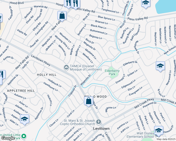 map of restaurants, bars, coffee shops, grocery stores, and more near 10 Mockorange Lane in Levittown