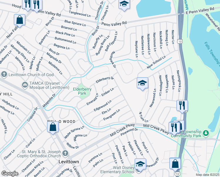 map of restaurants, bars, coffee shops, grocery stores, and more near 31 Ember Lane in Levittown