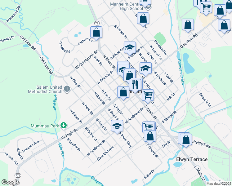 map of restaurants, bars, coffee shops, grocery stores, and more near 13 North Charlotte Street in Manheim