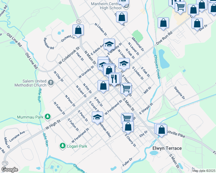 map of restaurants, bars, coffee shops, grocery stores, and more near 25 West Logan Avenue in Manheim
