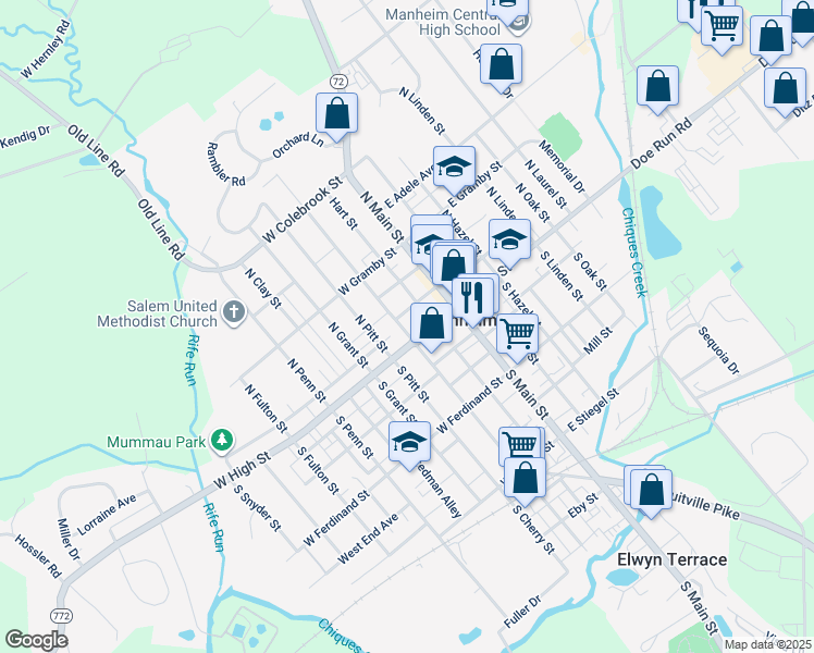 map of restaurants, bars, coffee shops, grocery stores, and more near 13 North Charlotte Street in Manheim