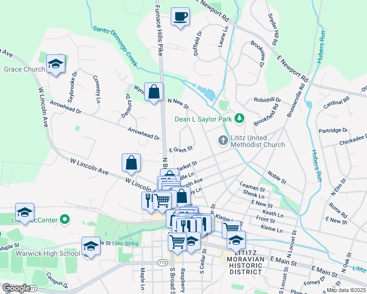 map of restaurants, bars, coffee shops, grocery stores, and more near 15 East Grant Street in Lititz