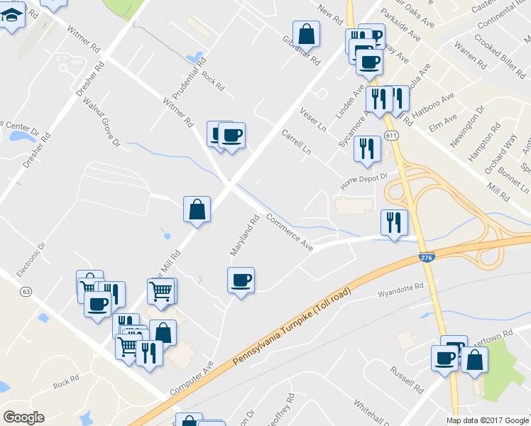 map of restaurants, bars, coffee shops, grocery stores, and more near 3947 Commerce Avenue in Willow Grove