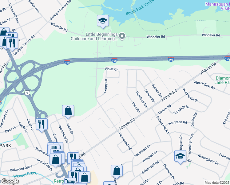 map of restaurants, bars, coffee shops, grocery stores, and more near 20 Poppy Lane in Howell Township