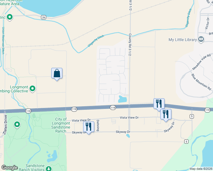 map of restaurants, bars, coffee shops, grocery stores, and more near 3373 Black Hills in Longmont