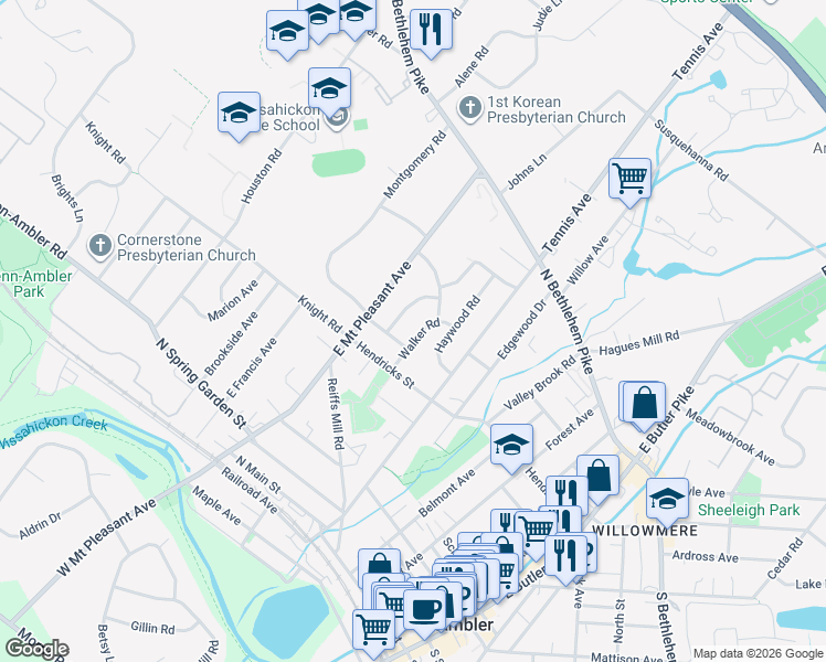 map of restaurants, bars, coffee shops, grocery stores, and more near 322 Beechmont Road in Ambler