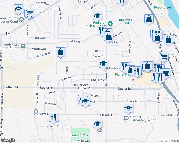 map of restaurants, bars, coffee shops, grocery stores, and more near 920 Oak Grove Avenue in Red Bluff