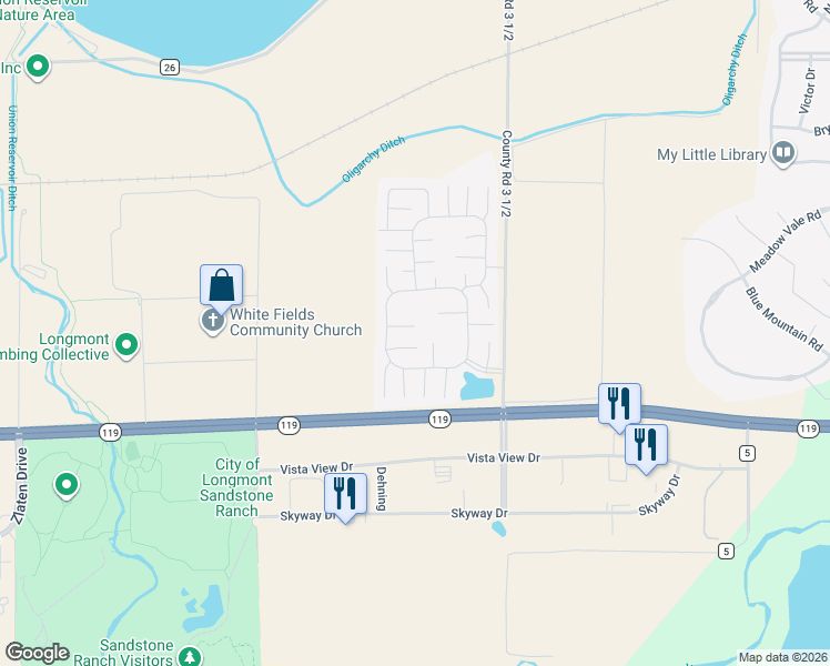 map of restaurants, bars, coffee shops, grocery stores, and more near 3373 Black Hills in Longmont