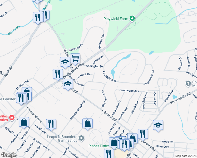 map of restaurants, bars, coffee shops, grocery stores, and more near 112 Delwhit Drive in Feasterville-Trevose