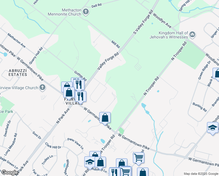 map of restaurants, bars, coffee shops, grocery stores, and more near 2951 Artmar Road in Norristown