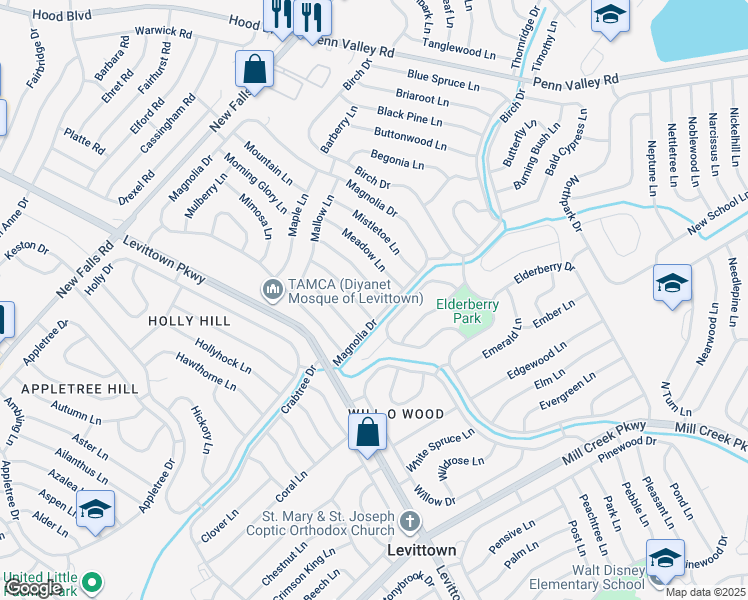 map of restaurants, bars, coffee shops, grocery stores, and more near 5 Midwood Lane in Levittown