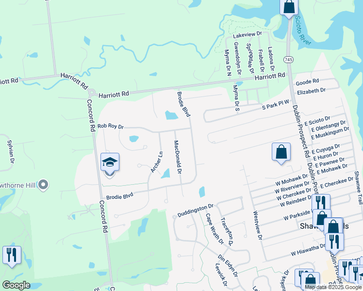 map of restaurants, bars, coffee shops, grocery stores, and more near 6787 Rob Roy Drive in Dublin