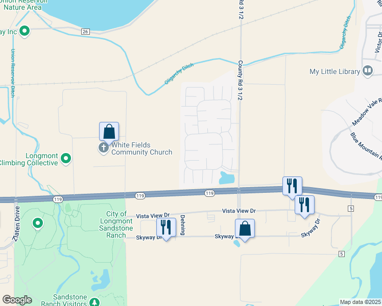 map of restaurants, bars, coffee shops, grocery stores, and more near 11236 Longview Boulevard in Longmont