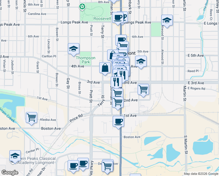 map of restaurants, bars, coffee shops, grocery stores, and more near 302 Coffman Street in Longmont