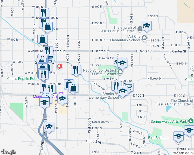 map of restaurants, bars, coffee shops, grocery stores, and more near 500 East 200 South in Springville
