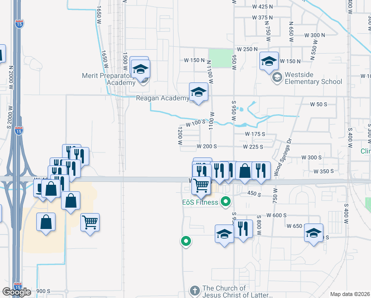 map of restaurants, bars, coffee shops, grocery stores, and more near 1163 West 150 South in Springville