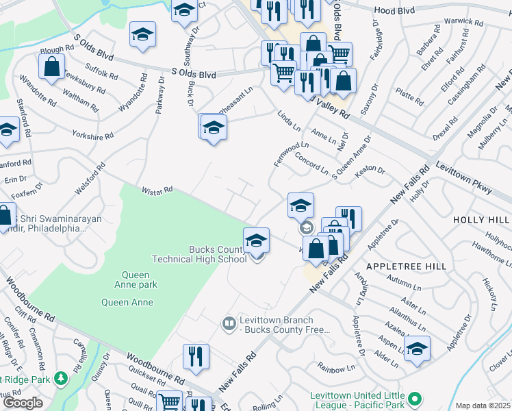 map of restaurants, bars, coffee shops, grocery stores, and more near 559 Fernwood Lane in Fairless Hills