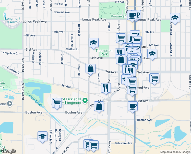 map of restaurants, bars, coffee shops, grocery stores, and more near 229 Bross Street in Longmont