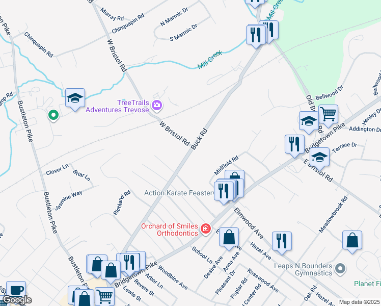 map of restaurants, bars, coffee shops, grocery stores, and more near 1841 Buck Road in Feasterville-Trevose