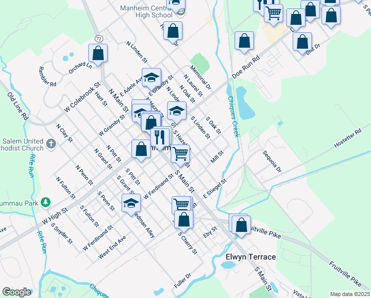 map of restaurants, bars, coffee shops, grocery stores, and more near 62 South Hazel Street in Manheim