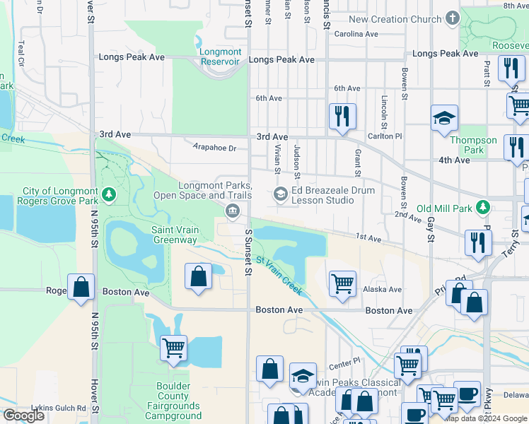 map of restaurants, bars, coffee shops, grocery stores, and more near 1613 Donovan Place in Longmont