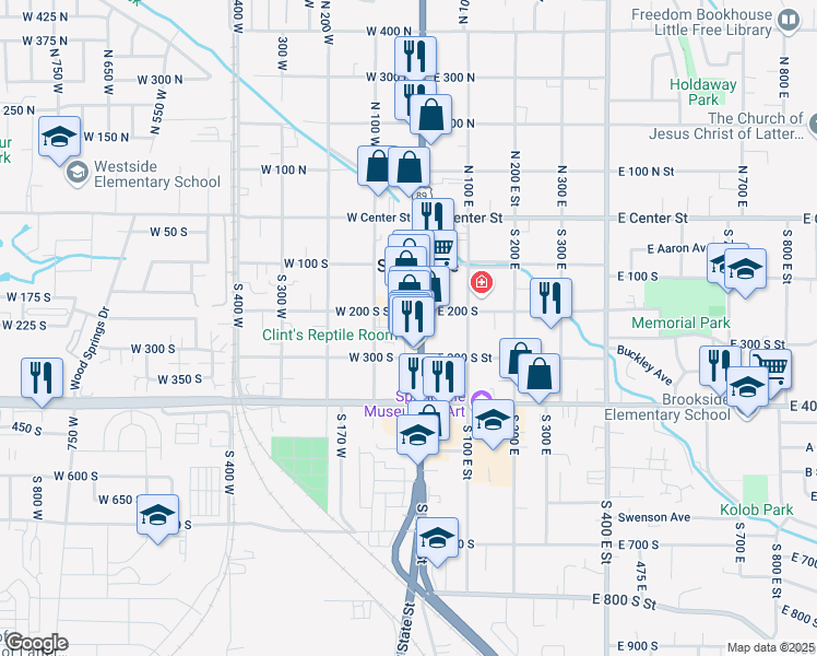 map of restaurants, bars, coffee shops, grocery stores, and more near 191 South Main Street in Springville