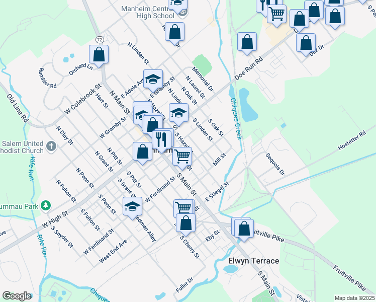 map of restaurants, bars, coffee shops, grocery stores, and more near 62 South Hazel Street in Manheim