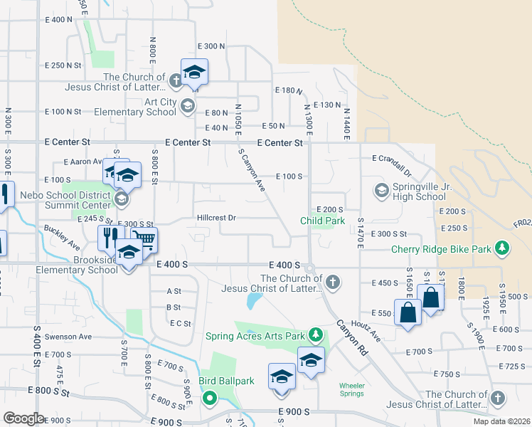map of restaurants, bars, coffee shops, grocery stores, and more near 200 South Canyon Avenue in Springville