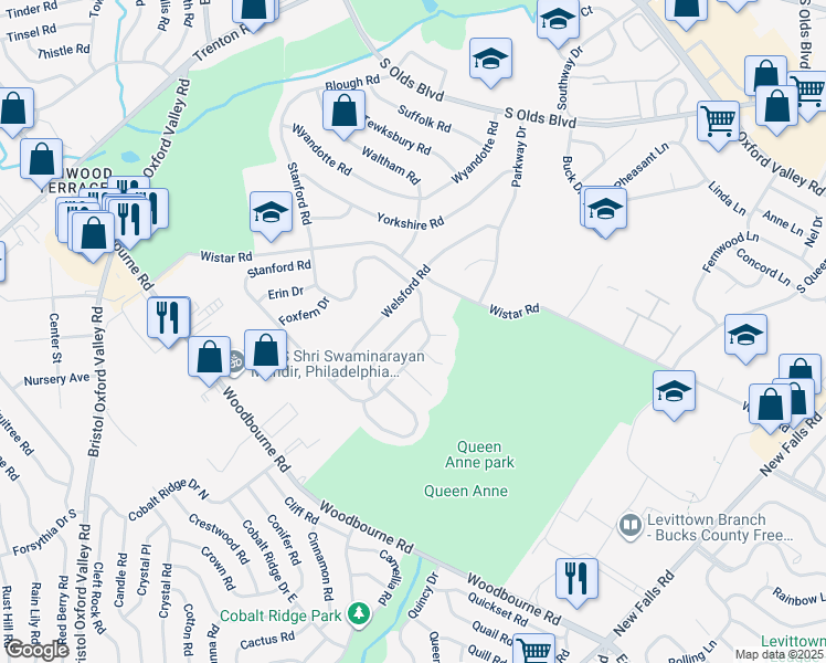 map of restaurants, bars, coffee shops, grocery stores, and more near 2 Hedgerow Drive in Fairless Hills