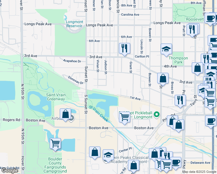 map of restaurants, bars, coffee shops, grocery stores, and more near 125 Judson Street in Longmont