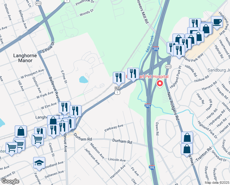 map of restaurants, bars, coffee shops, grocery stores, and more near East Lincoln Highway in Bucks County