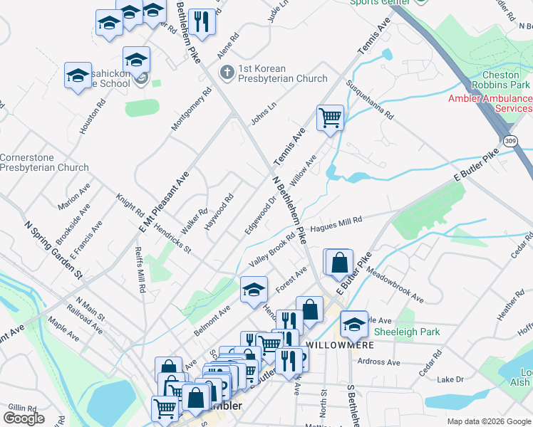 map of restaurants, bars, coffee shops, grocery stores, and more near 443 Edgewood Drive in Ambler
