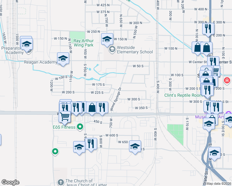 map of restaurants, bars, coffee shops, grocery stores, and more near 224 South 550 West in Springville