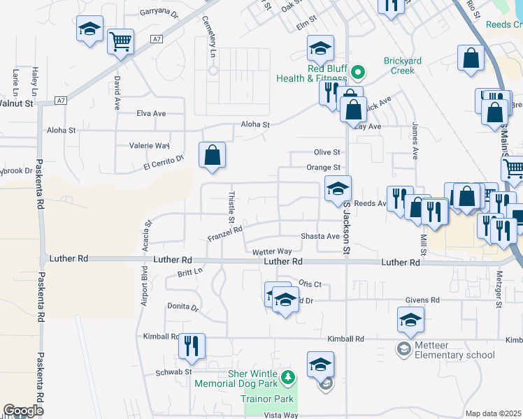 map of restaurants, bars, coffee shops, grocery stores, and more near 540 Sacramento Avenue in Red Bluff