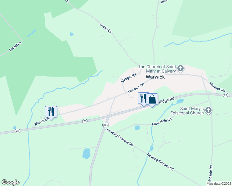 map of restaurants, bars, coffee shops, grocery stores, and more near 255 Warwick Road in Elverson