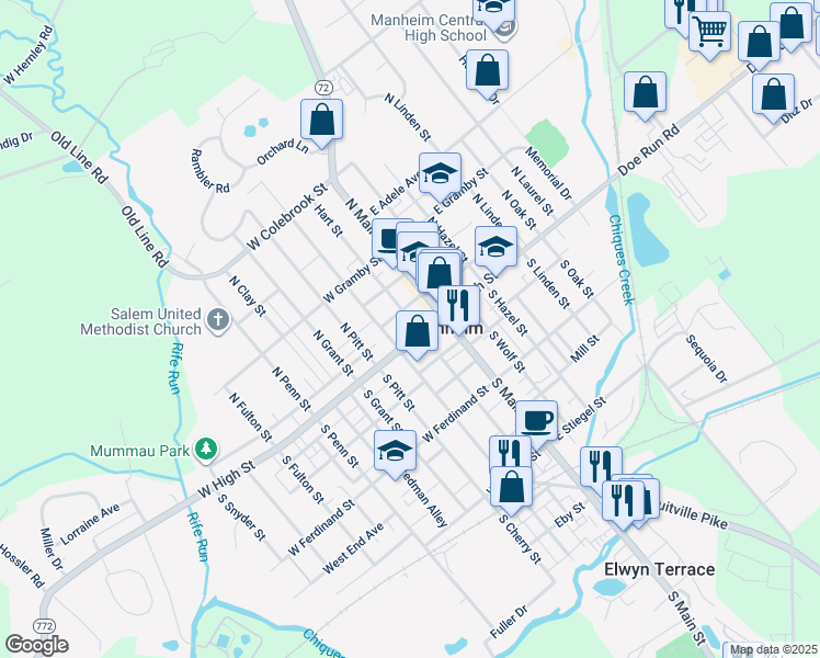 map of restaurants, bars, coffee shops, grocery stores, and more near 32 Market Square in Manheim
