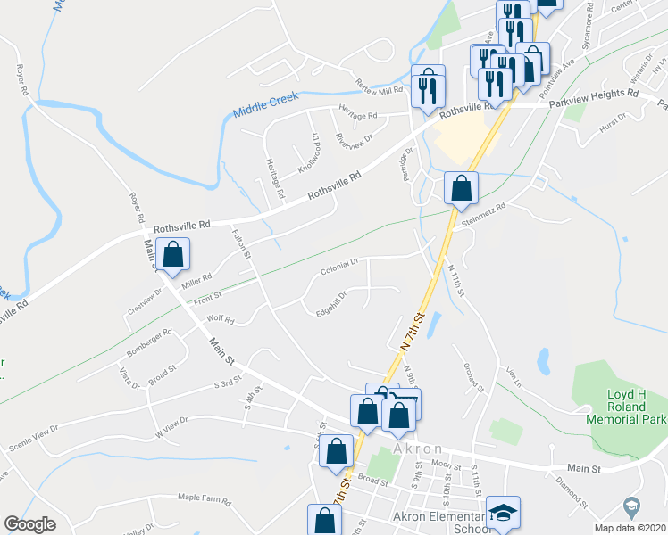 map of restaurants, bars, coffee shops, grocery stores, and more near 266 Colonial Drive in Akron