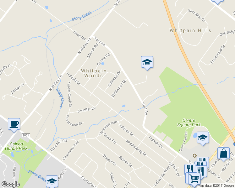 map of restaurants, bars, coffee shops, grocery stores, and more near 1462 Whitwood Drive in Blue Bell